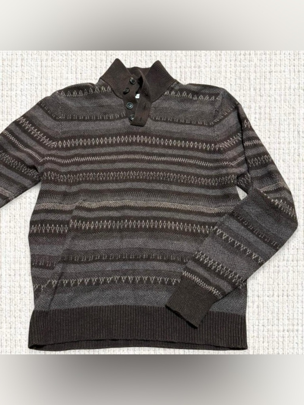 Mutual Weave Brown Striped Henley Sweater